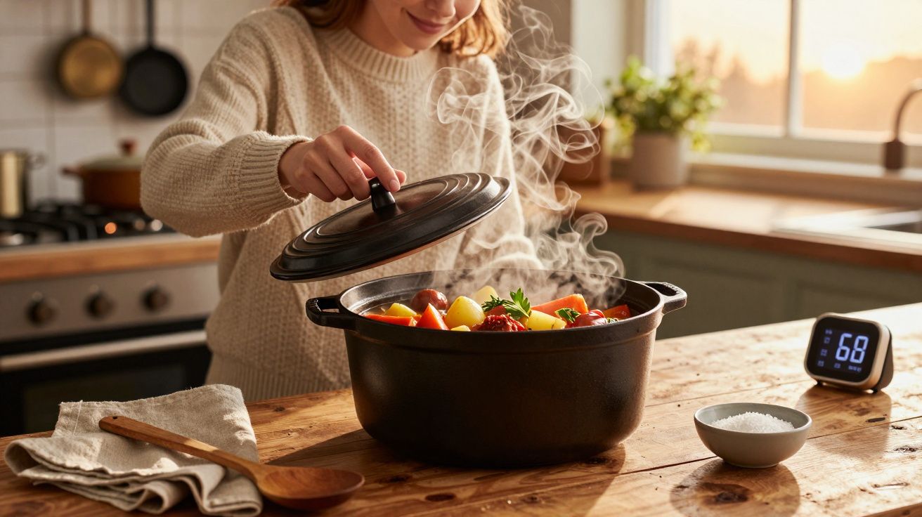 Mulher a levantar a tampa de um tacho com sopa quente e vapor numa cozinha iluminada pelo sol.