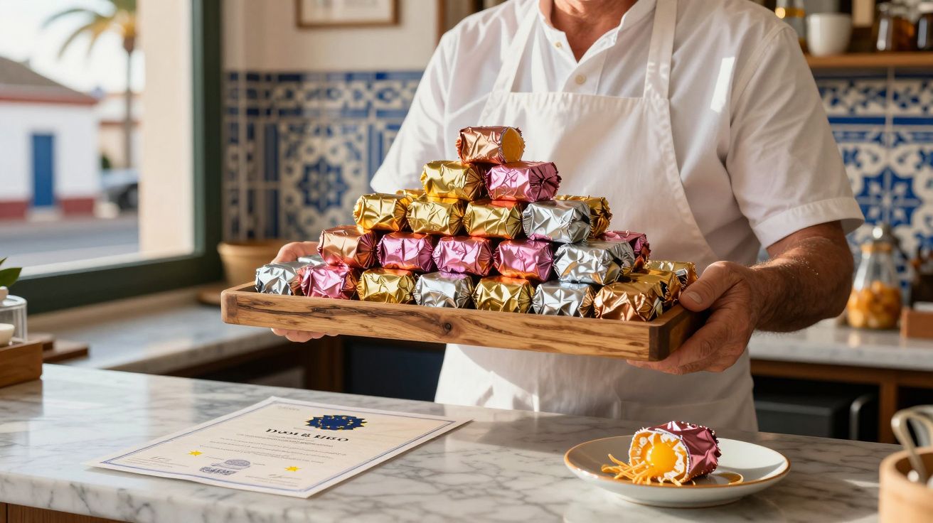 Pessoa de avental branco segura bandeja com doces embrulhados em papéis coloridos numa cozinha tradicional.