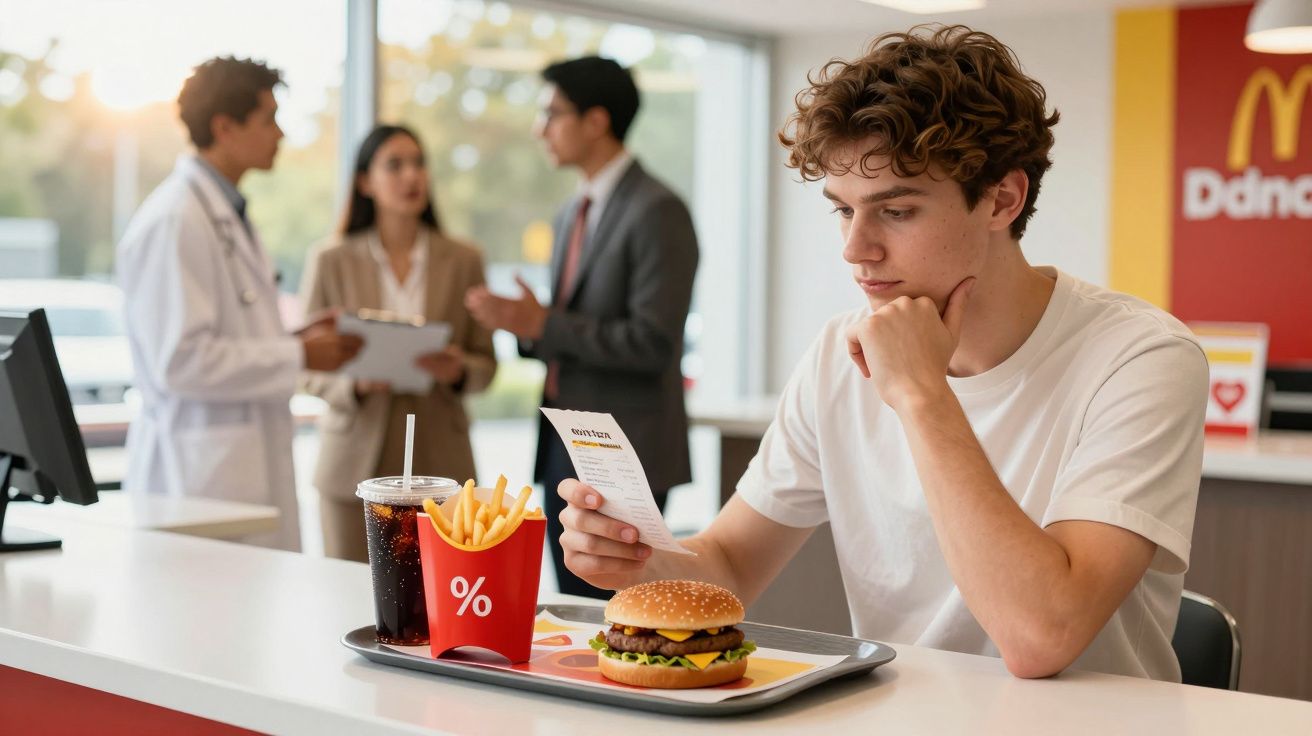 Jovem sentado num restaurante de fast food a olhar para um recibo, com hambúrguer, batatas e refrigerante à sua frente.