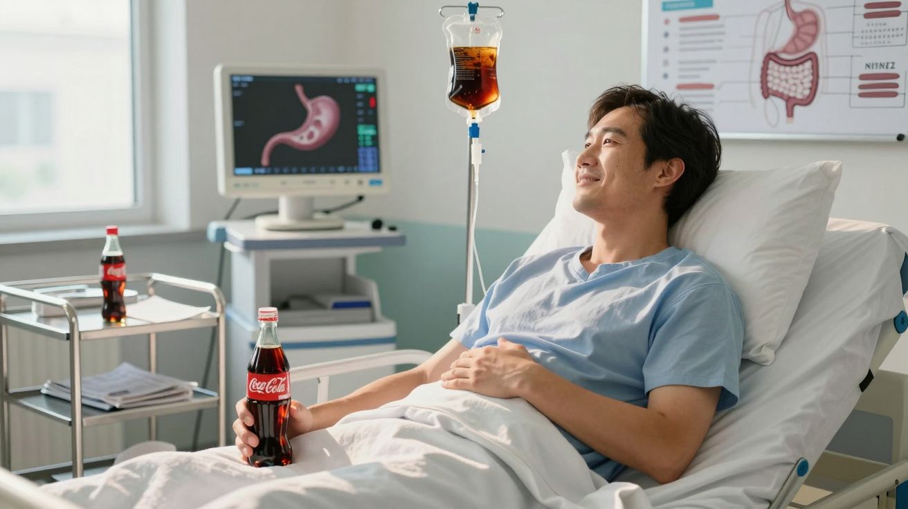 Paciente em cama de hospital segurando garrafa de Coca-Cola, com soro pendurado e monitor de estômago ao fundo.