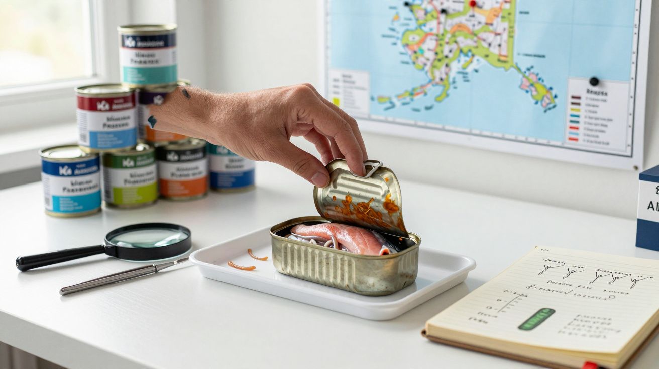 Mão a abrir lata de peixe numa mesa com lupas, tinta em latas e caderno com desenhos científicos.
