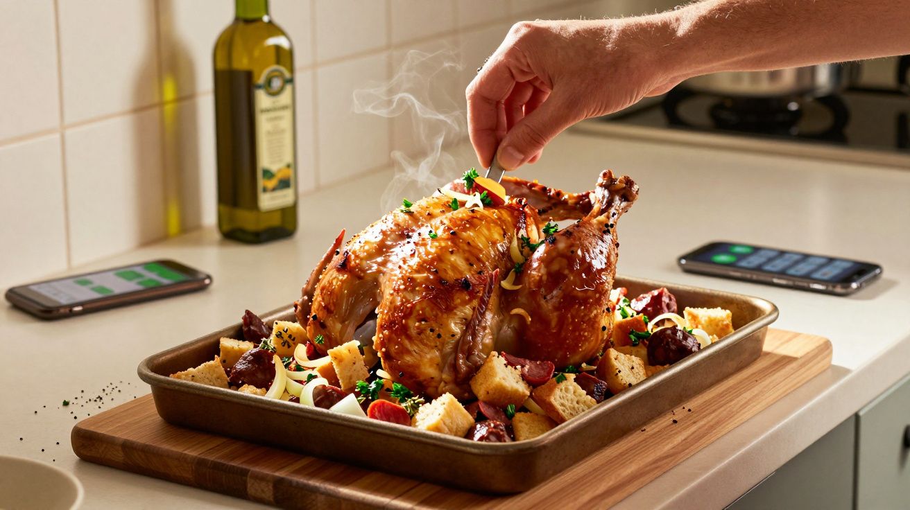 Frango assado quente com pão e enchidos num tabuleiro, sendo temperado com ervas por uma mão masculina.