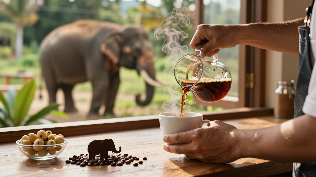 Pessoa a servir café numa chávena numa mesa junto a janela com elefante na natureza ao fundo.
