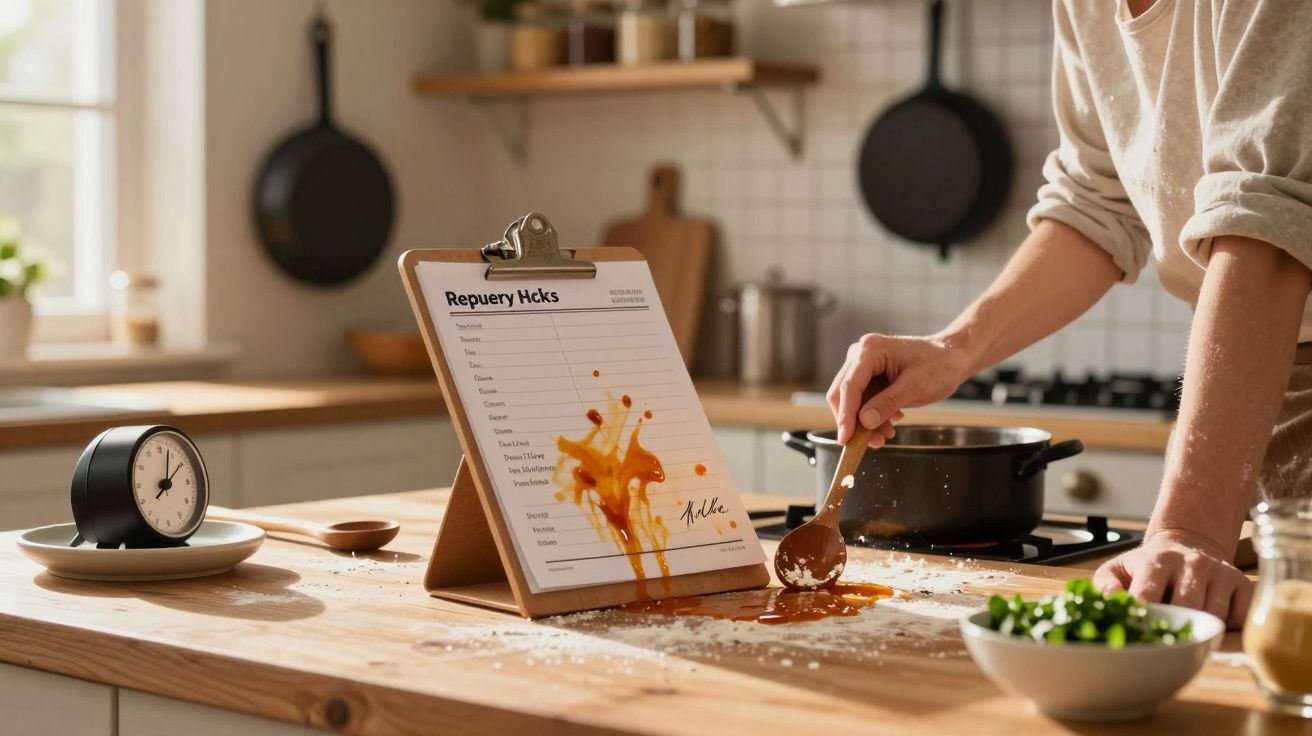 Homem cozinha e limpa molho derramado numa cozinha moderna com utensílios e ingredientes à volta.