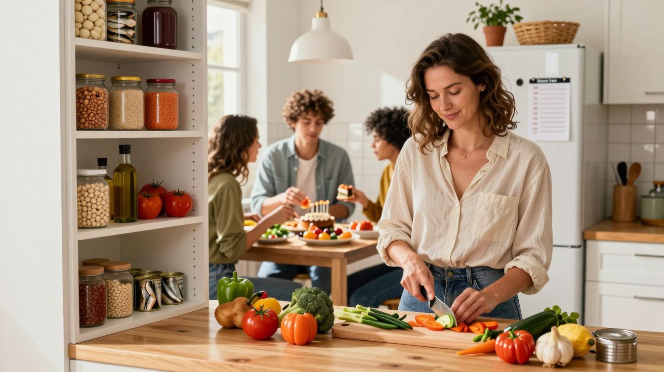 Jovem a cortar legumes numa cozinha, enquanto três amigos conversam e comem no fundo.
