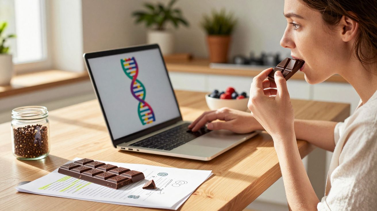 Pessoa a comer chocolate enquanto trabalha num computador com imagem de DNA no ecrã.