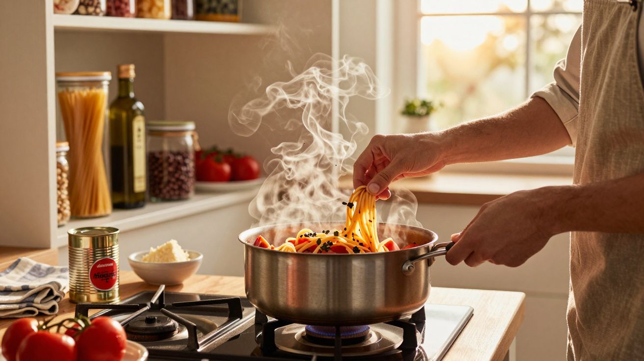 Pessoa a cozinhar esparguete fumegante numa panela num fogão a gás numa cozinha iluminada.