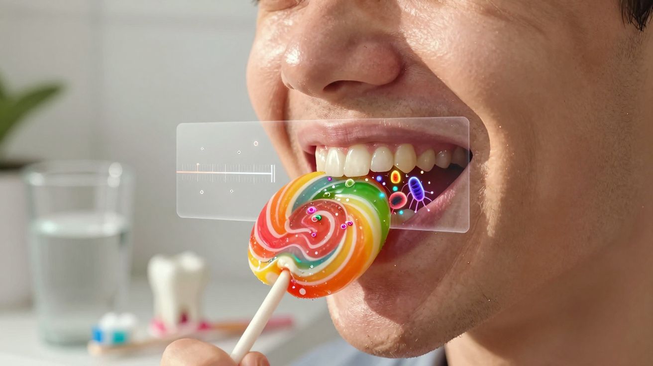 Pessoa a morder um pirulito colorido com ilustração digital de bactérias na boca.