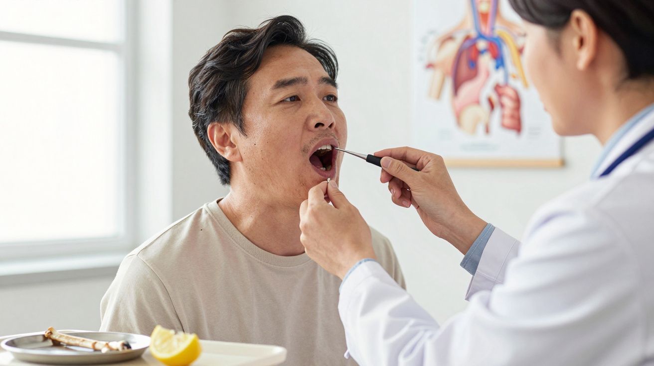 Paciente com a boca aberta a ser examinado na garganta por médico com espátula em clínica.
