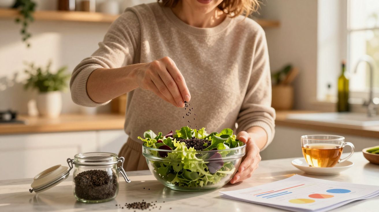 Mulher tempera salada verde com sementes pretas numa taça de vidro na cozinha luminosa.