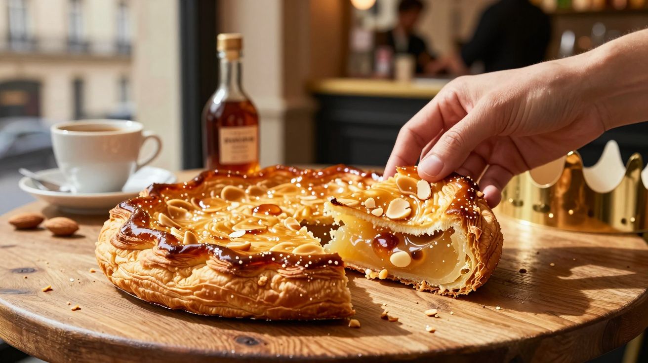 Pessoa a pegar fatia de bolo folhado decorado com amêndoas laminadas e pérolas de açúcar, chávena de café ao lado.