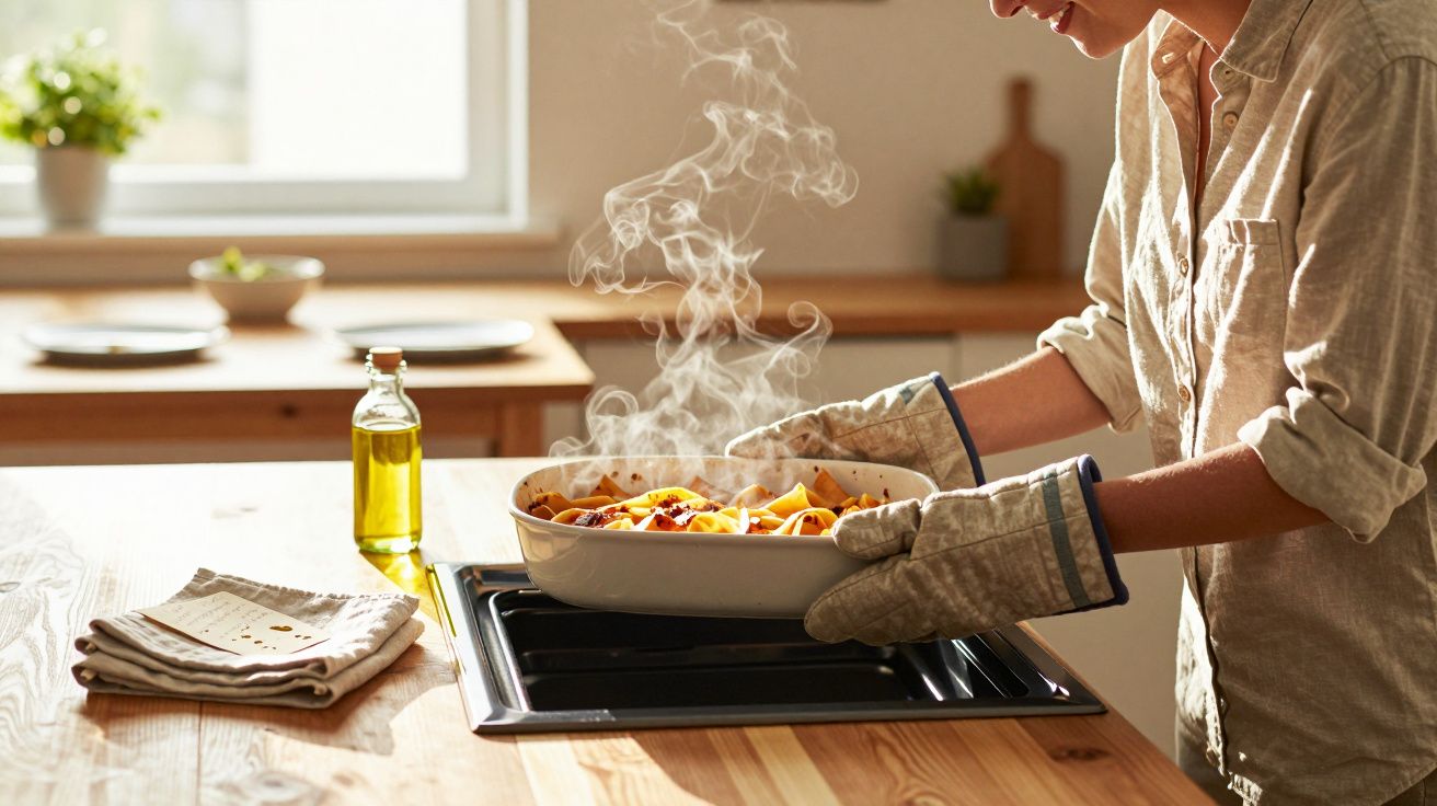 Pessoa com luvas de forno a retirar tabuleiro com comida fumegante do forno numa cozinha iluminada.