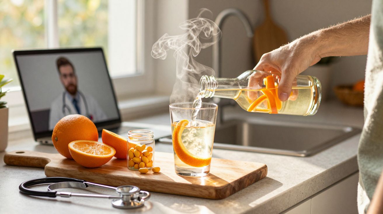 Pessoa a servir bebida quente com laranja e comprimidos numa cozinha durante consulta médica online.