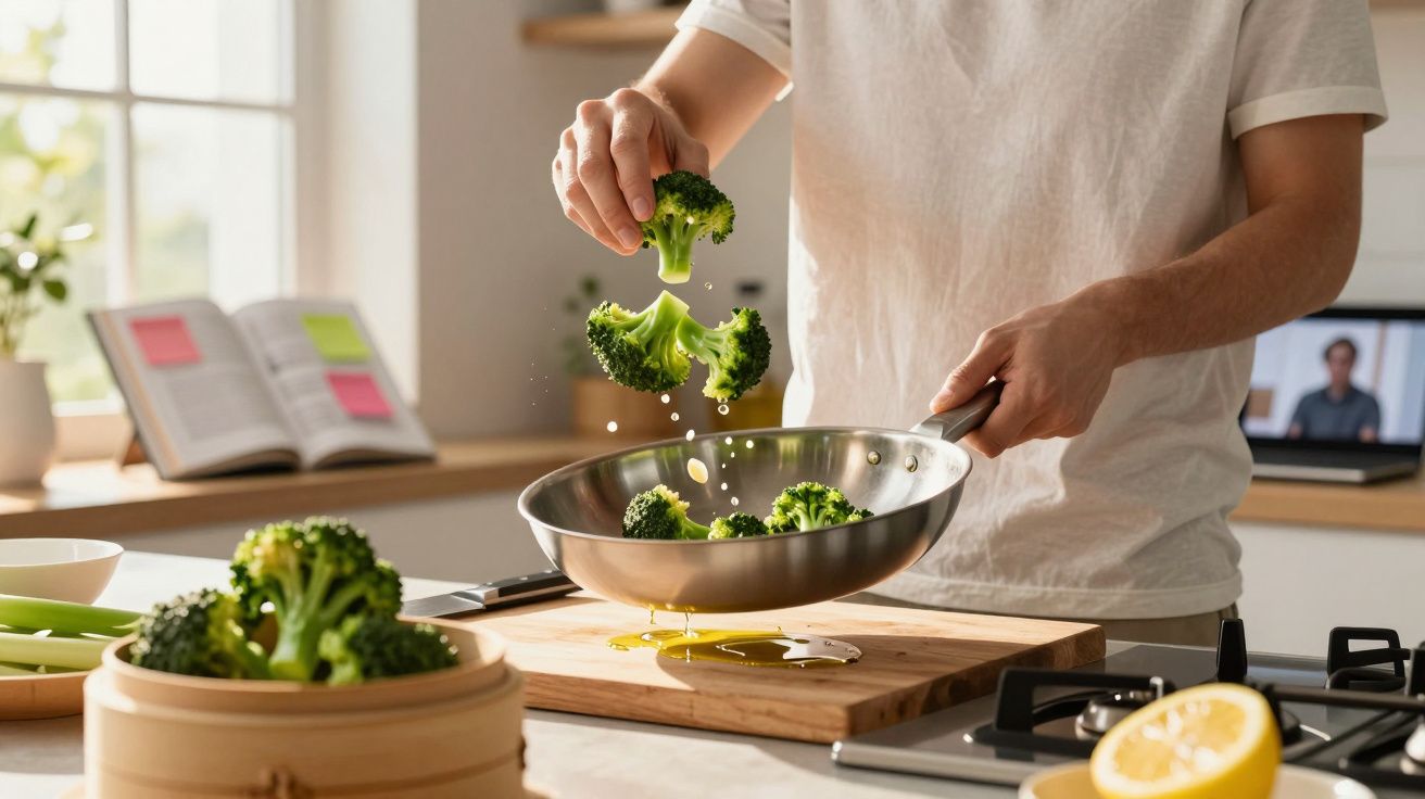 Pessoa a cozinhar brócolos numa frigideira numa cozinha moderna, com livro de receitas aberto ao fundo.