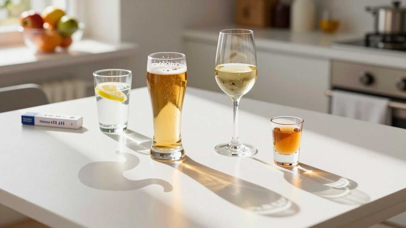 Quatro copos com bebidas diferentes numa mesa branca numa cozinha iluminada pelo sol.