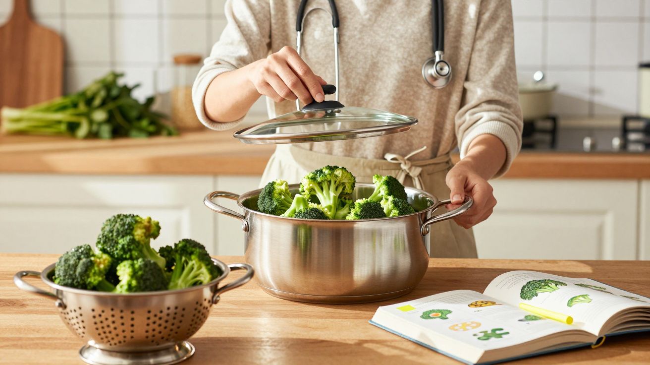 Pessoa com estetoscópio a cozinhar brócolos numa panela na cozinha, com livro aberto de receitas na mesa.