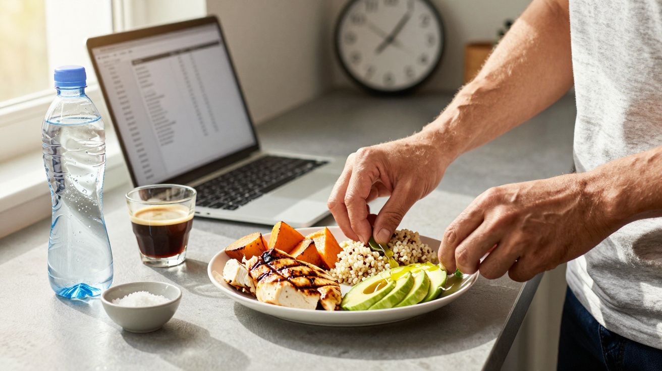 Pessoa a preparar refeição saudável com frango, abacate, batata-doce e quinoa, junto a portátil e bebida.