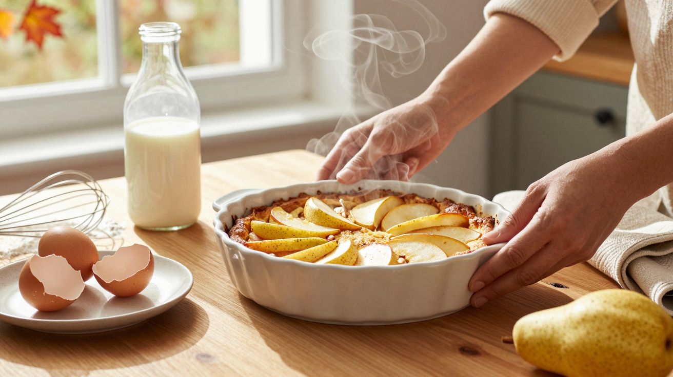Pessoa a retirar do forno tarte quente de pêra com ovos partidos e leite ao lado numa cozinha iluminada.