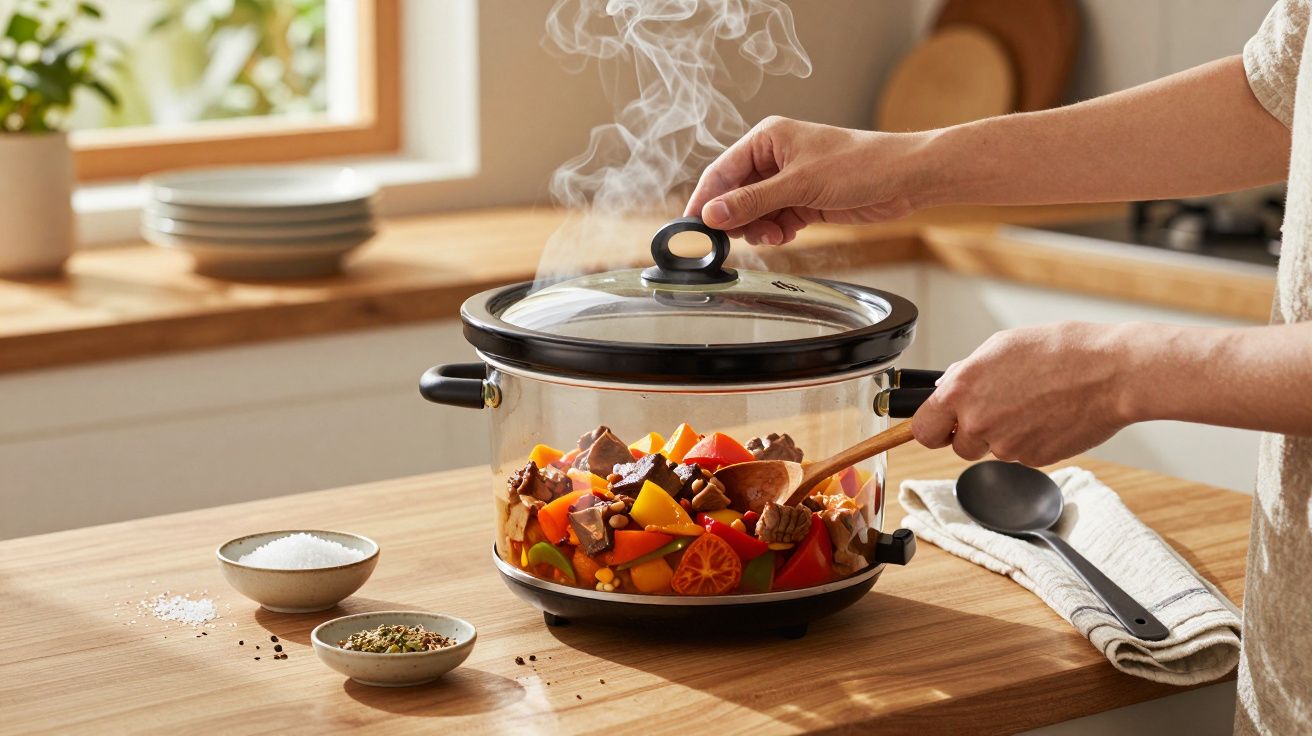 Pessoa a cozinhar um guisado colorido numa panela elétrica transparente com tampa de vidro.