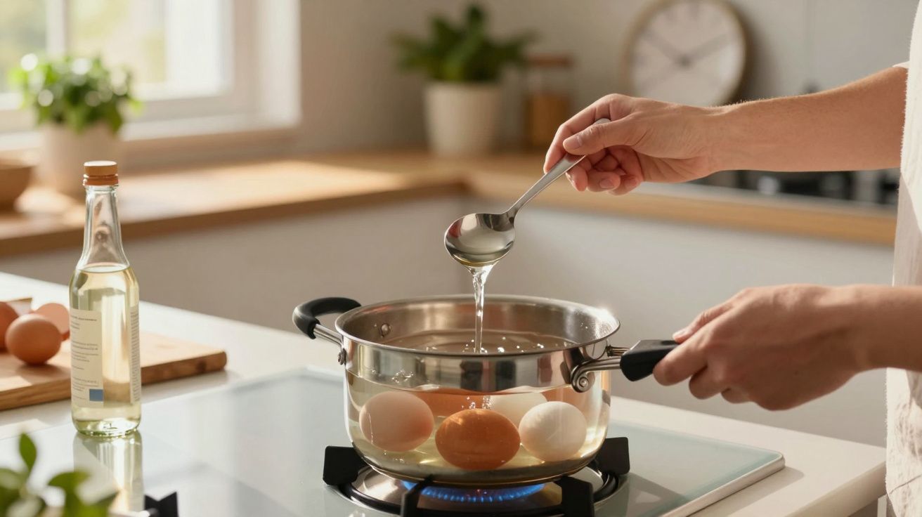 Mãos a mexer ovo a cozer em panela com água num fogão, numa cozinha com luz natural.