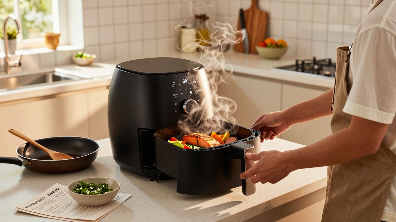 Pessoa a retirar comida cozinhada numa frigideira elétrica preta, com legumes e peixe fumegante, numa cozinha moderna.