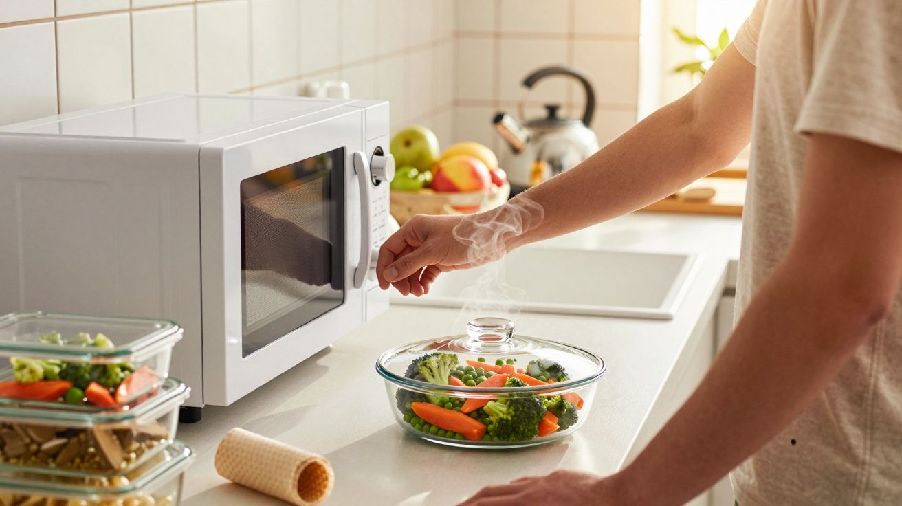 Pessoa a retirar taça com legumes quentes do micro-ondas numa cozinha luminosa e organizada.