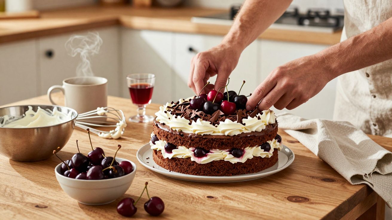 Pessoa a decorar bolo de chocolate com chantilly, cerejas e raspas de chocolate numa cozinha.