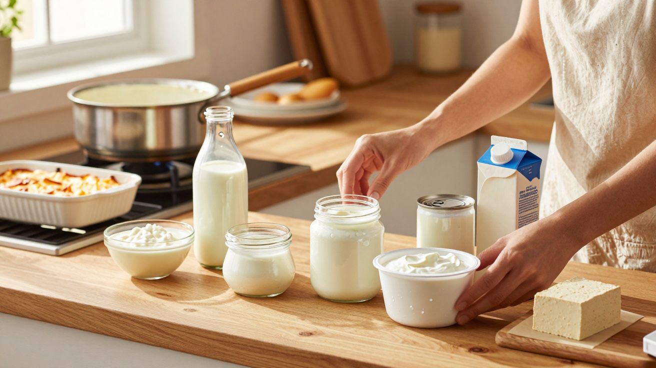 Pessoa a organizar vários produtos lácteos numa cozinha iluminada, entre eles iogurte, leite e queijo.