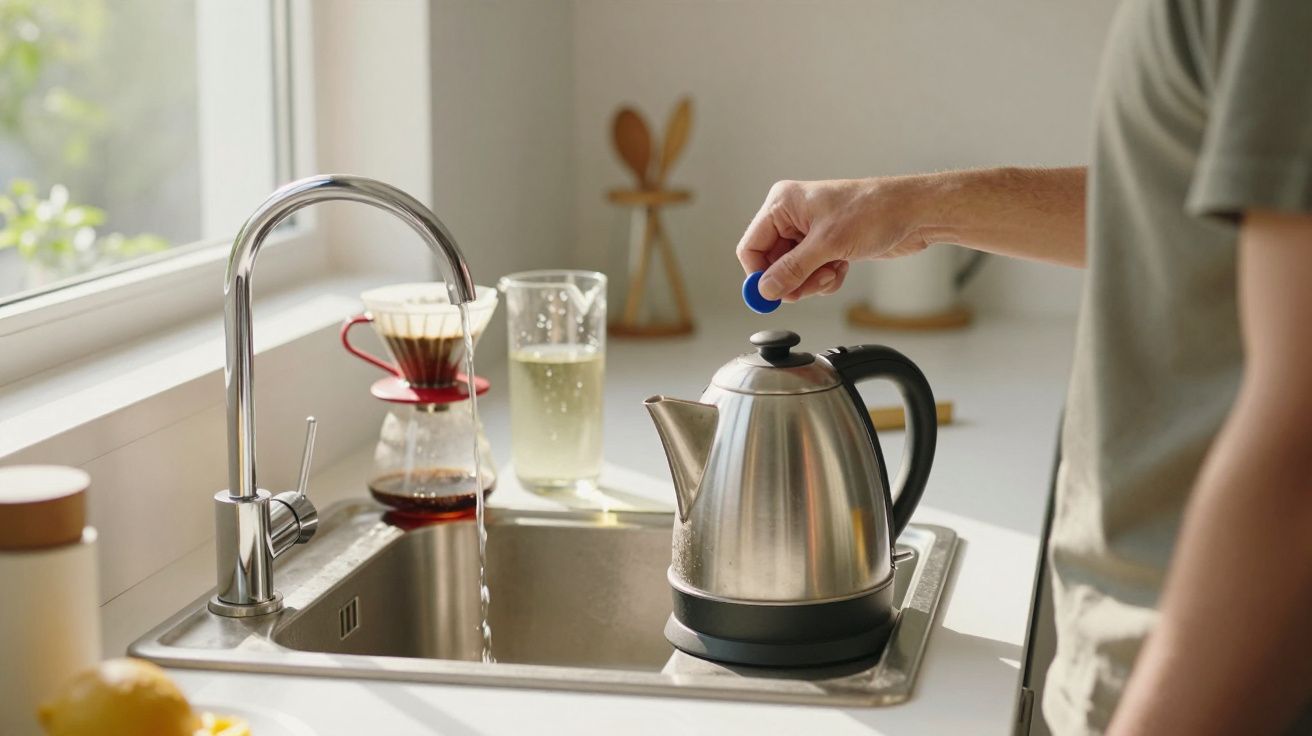 Pessoa a preparar chaleira elétrica junto a pia com água a correr numa cozinha iluminada.
