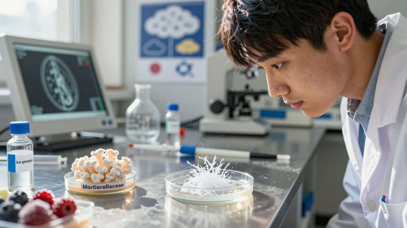 Cientista observa experimento em placa de Petri num laboratório moderno com equipamentos científicos.