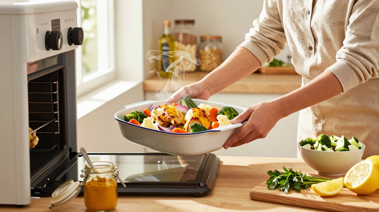Pessoa a tirar travessa com frango e legumes cozinhados do forno numa cozinha luminosa.