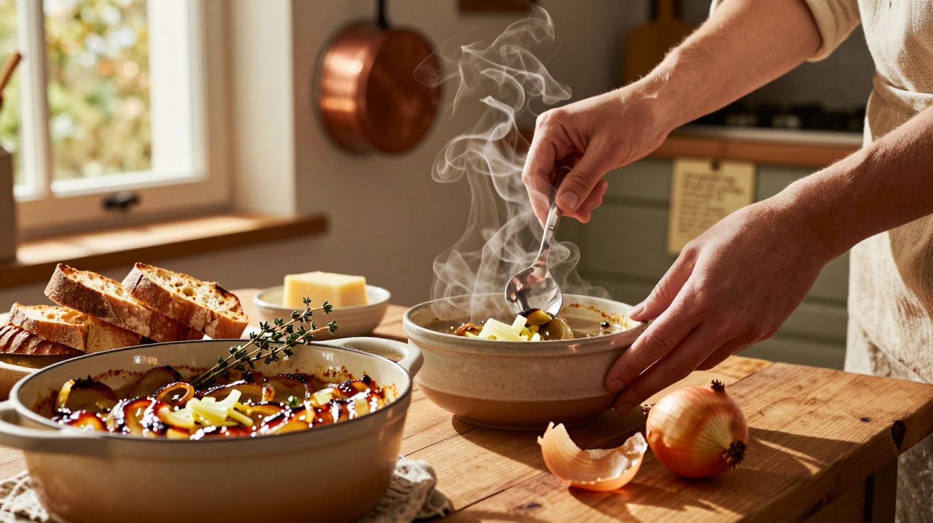 Mãos a servir sopa quente num prato cerâmico, com pão, cebolas e manteiga num ambiente de cozinha acolhedor.