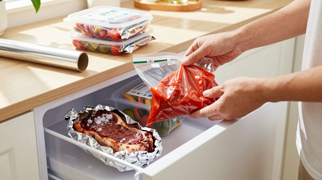 Mãos a guardar alimentos em saco plástico e recipiente com carne, legumes e tomates na gaveta do frigorífico.