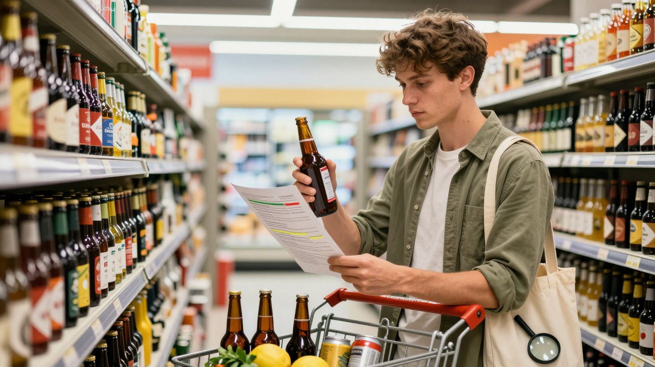 Jovem com carrinho de compras a comparar rótulo de cerveja com lista num supermercado.