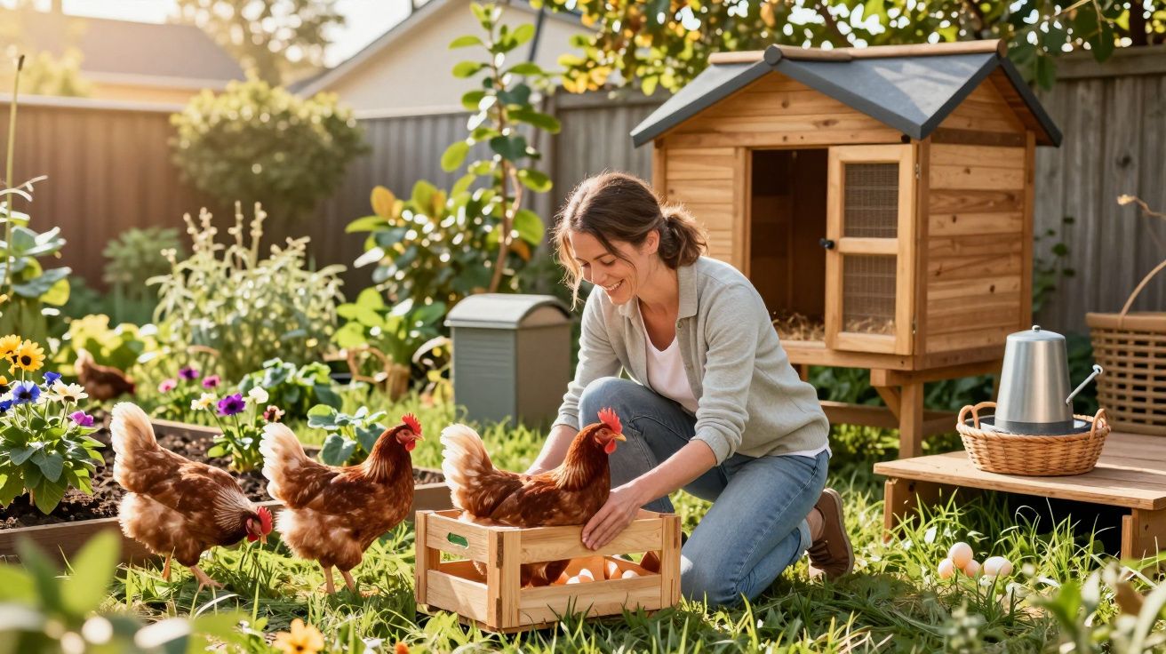 Mulher a recolher ovos em caixa de madeira no quintal com galinhas e galinheiro ao fundo.