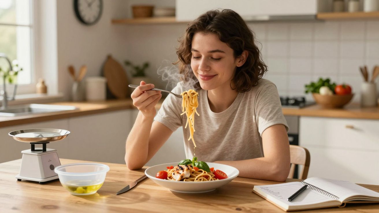 Jovem mulher na cozinha sentada à mesa a comer esparguete com tomate e manjericão, sorrindo satisfeita.