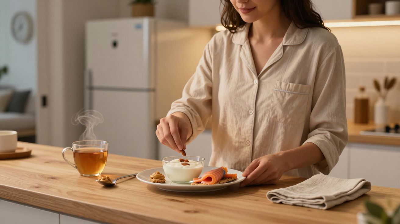 Mulher a colocar amêndoas numa taça de iogurte com tostas e chá quente numa cozinha moderna.