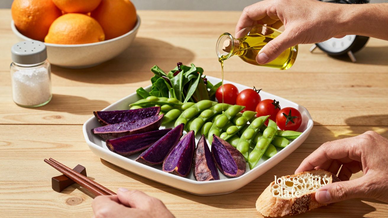 Prato com vegetais frescos, batata roxa, tomates, edamame, azeite a ser derramado e pão na mão.