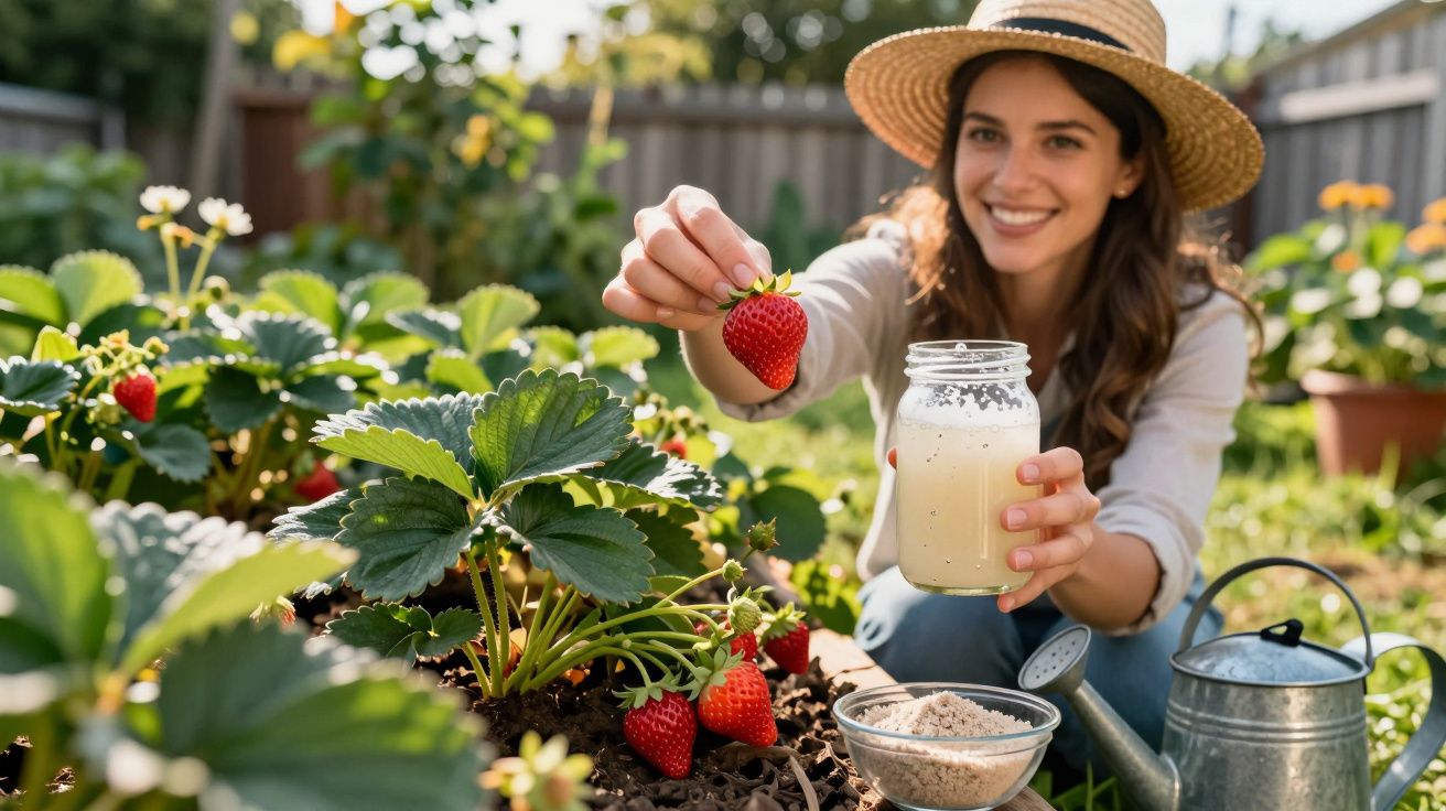 Mulher com chapéu colhe morangos num jardim, segurando um frasco com bebida cremosa.