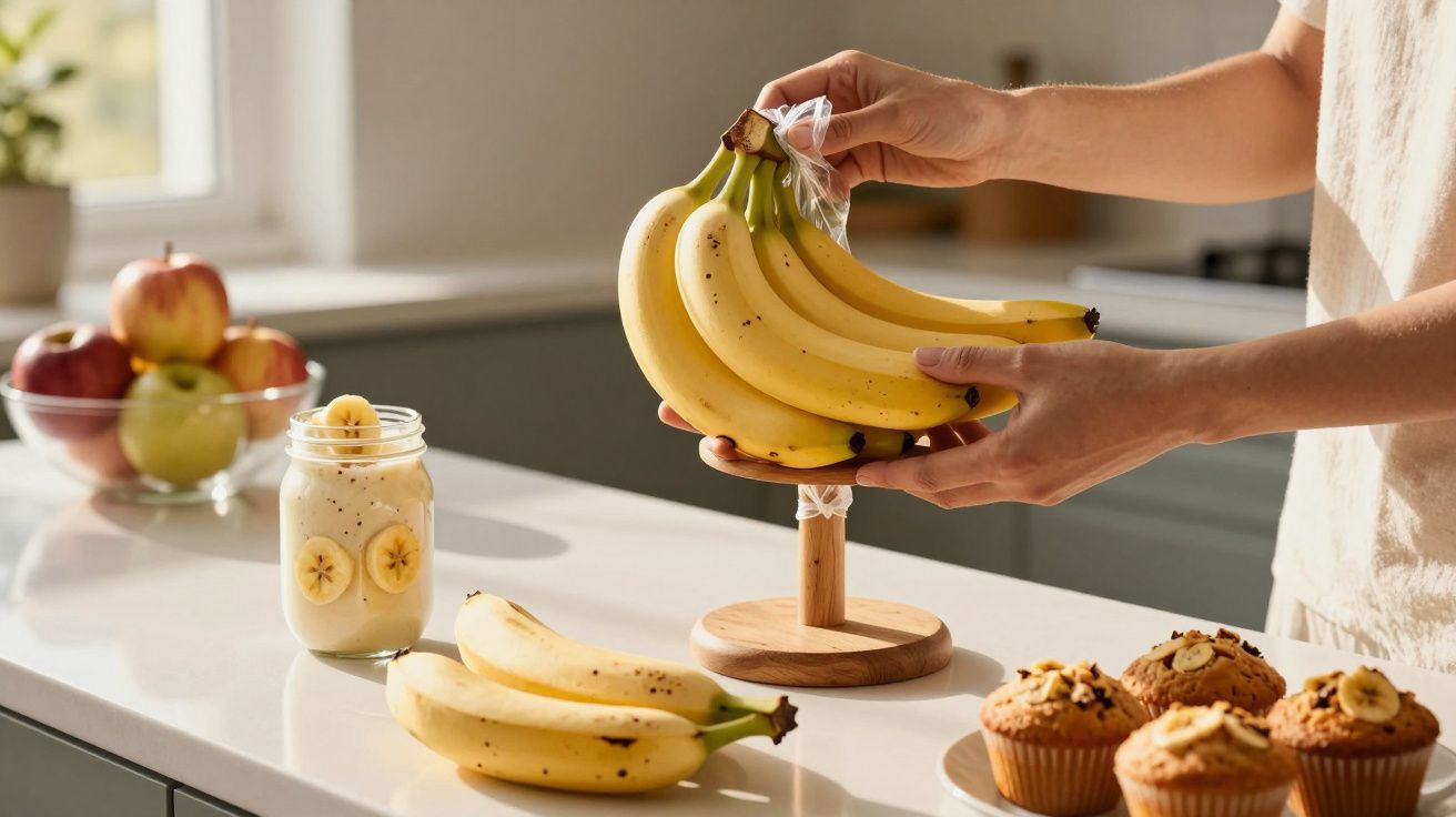Pessoa a guardar cachos de bananas num suporte de madeira numa bancada de cozinha com muffins e smoothie ao lado.