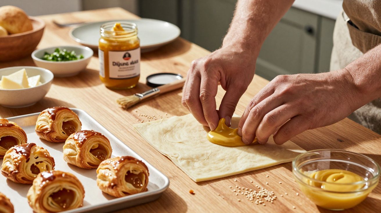Mãos a colocar mostarda Dijon numa massa para preparar croissants recheados numa bancada de cozinha.