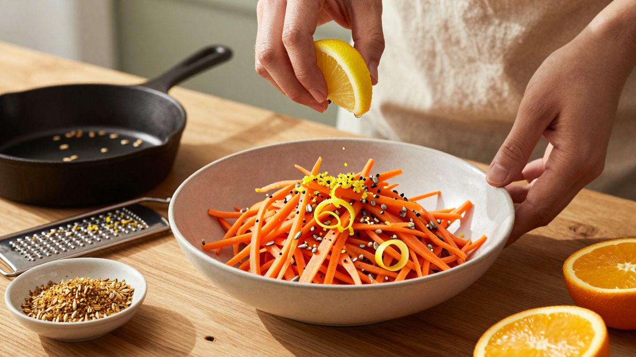 Pessoa a espremer sumo de limão sobre salada de cenoura com sementes numa tigela, em cima de mesa de madeira.