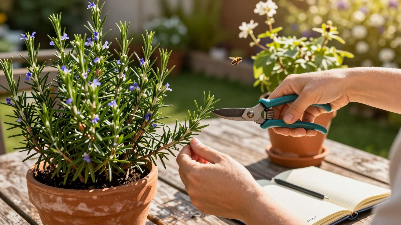 Mãos a podar um ramo de alecrim num vaso de barro, com uma abelha a voar próximo, num jardim ensolarado.