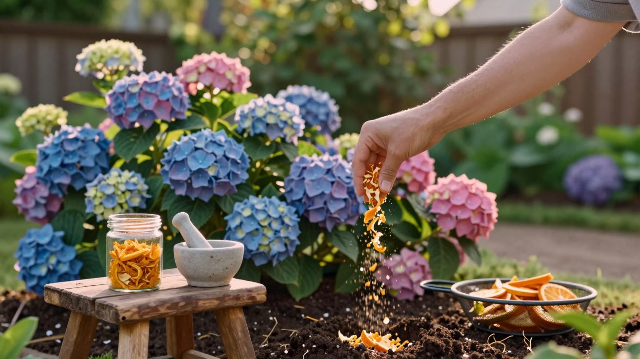 Pessoa a espalhar casca de laranja no solo de jardim com flores hortênsias azuis e rosas ao fundo.