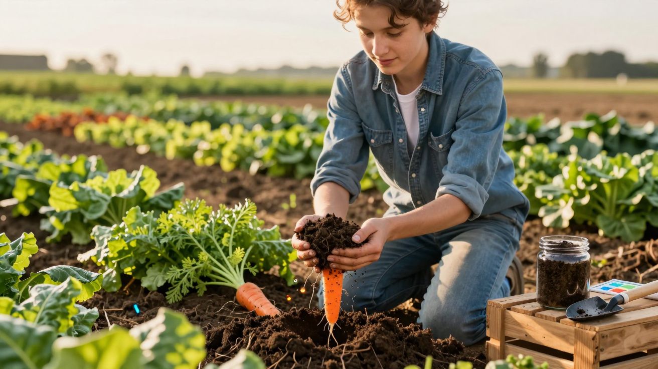 Pessoa a colher cenouras numa horta ao ar livre, com solo escuro e plantas verdes ao redor.