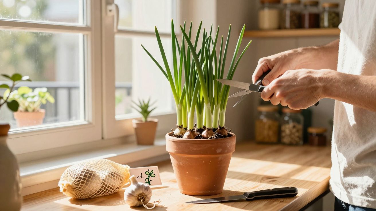 Pessoa a cortar cebolas verdes num vaso de barro numa cozinha iluminada pela luz natural.