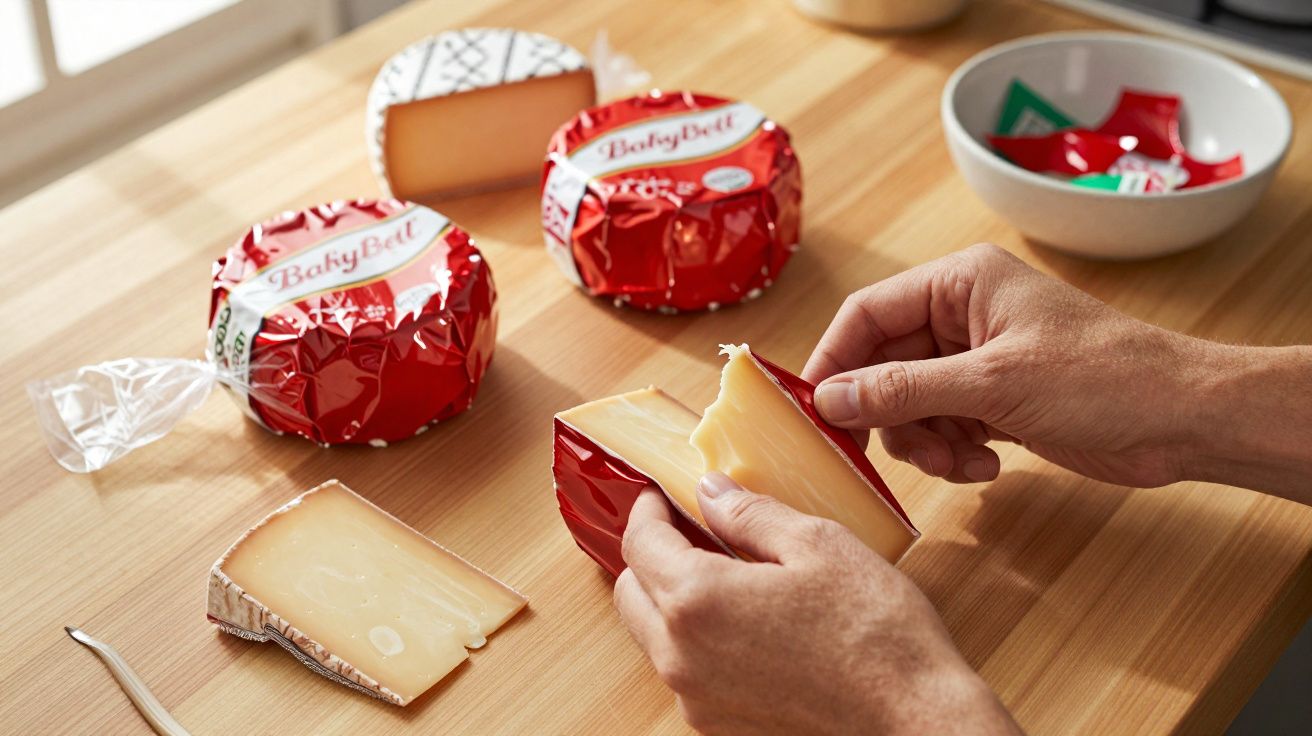 Mãos a abrir queijo Babybel vermelho sobre mesa de madeira com queijo fatiado e tigela ao fundo.