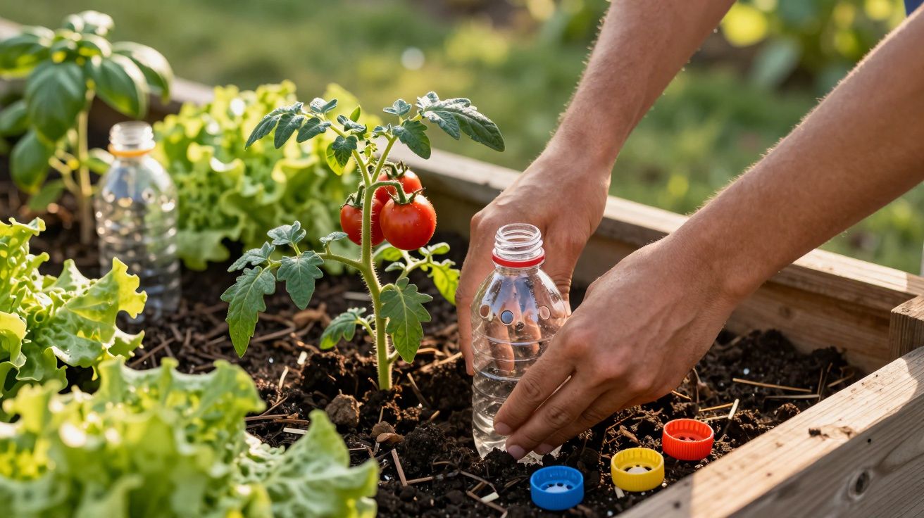 Mãos regando um pé de tomateiro com garrafa plástica reutilizada numa horta urbana.