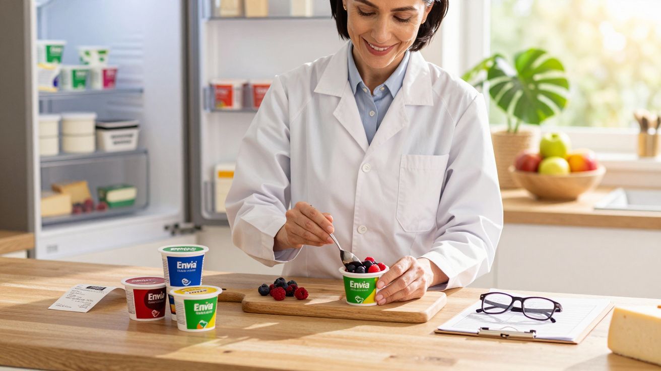 Mulher em bata branca prepara iogurte com frutos vermelhos numa cozinha luminosa e moderna.