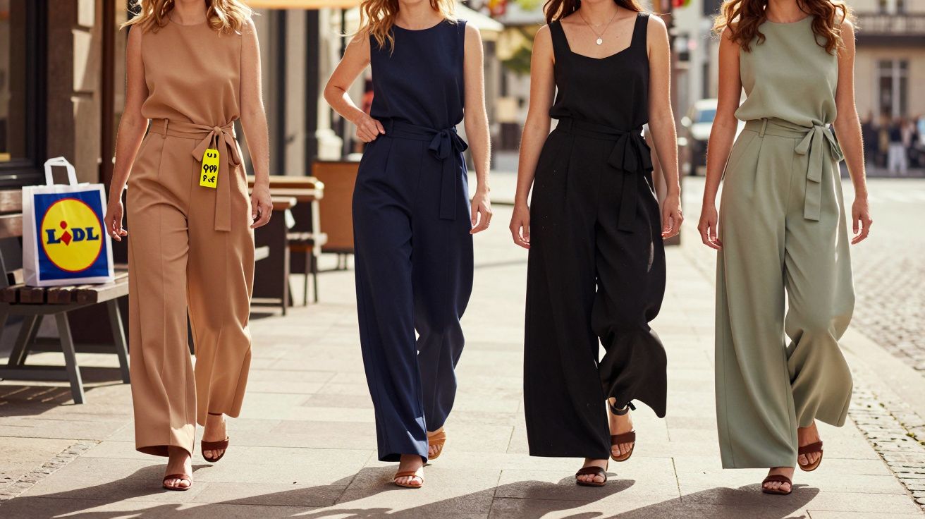 Quatro mulheres a passear na rua, cada uma com macacão de cor diferente e sandálias abertas.